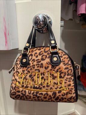 Von Dutch Leopard Print Satchel in Brown and Black with Gold Embroidery